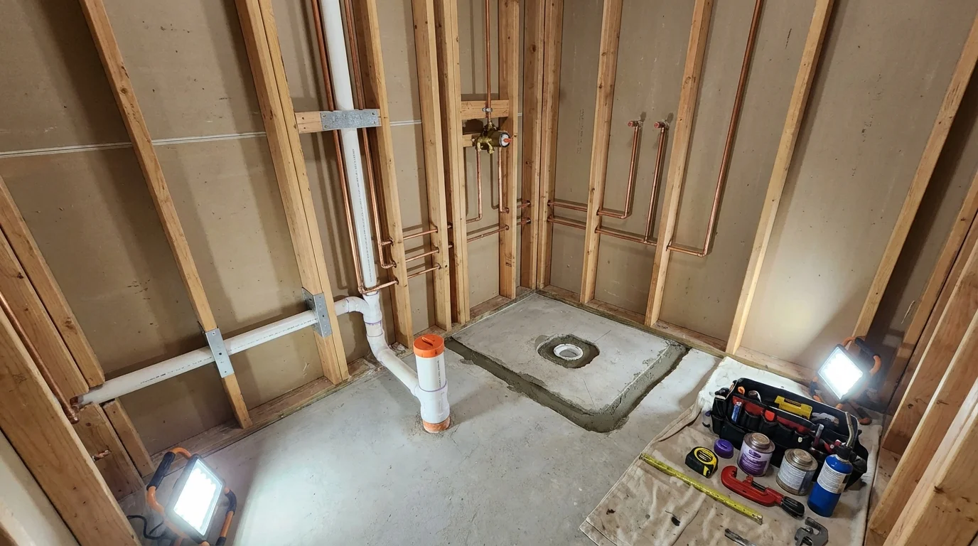 Bathroom rough-in plumbing during remodel by Johns Plumbing LLC in Detroit