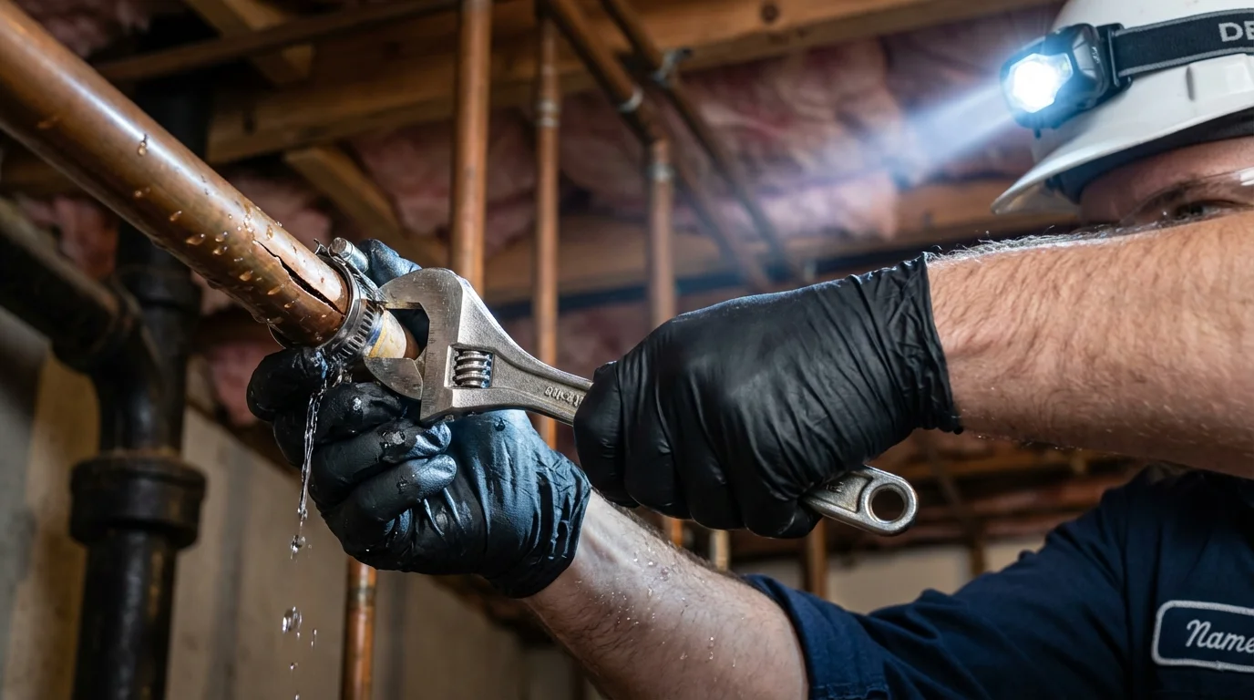 Emergency pipe clamp repair being performed by a Johns Plumbing LLC plumber in Detroit