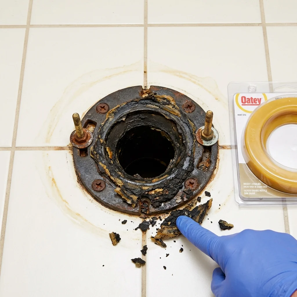 Failed wax ring showing water seepage at the base of a toilet in a Detroit, MI home