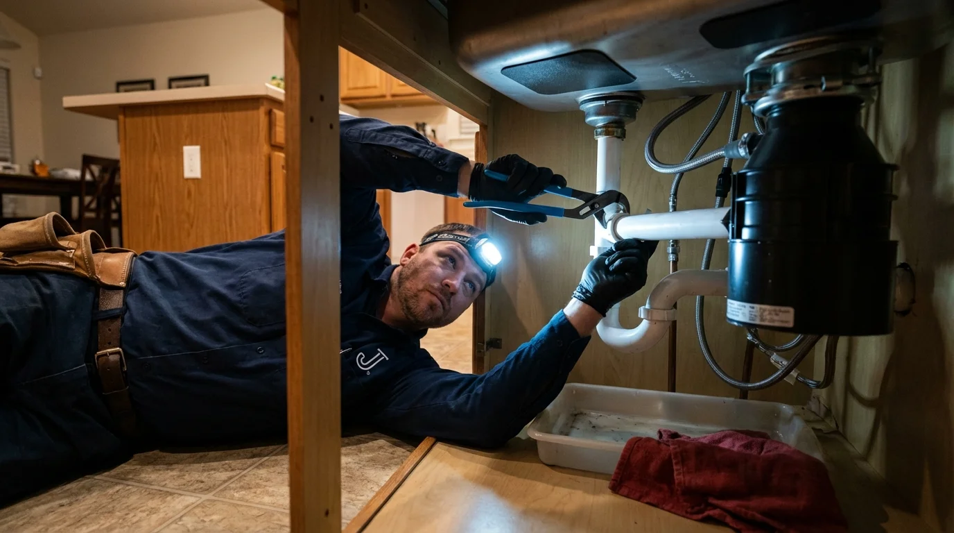 P-trap and supply line connections under a kitchen sink showing a common leak point in Detroit, MI